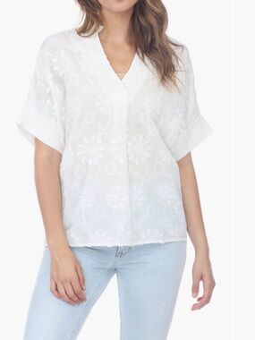 Women's White Floral Embroidered V-Neck Blouse